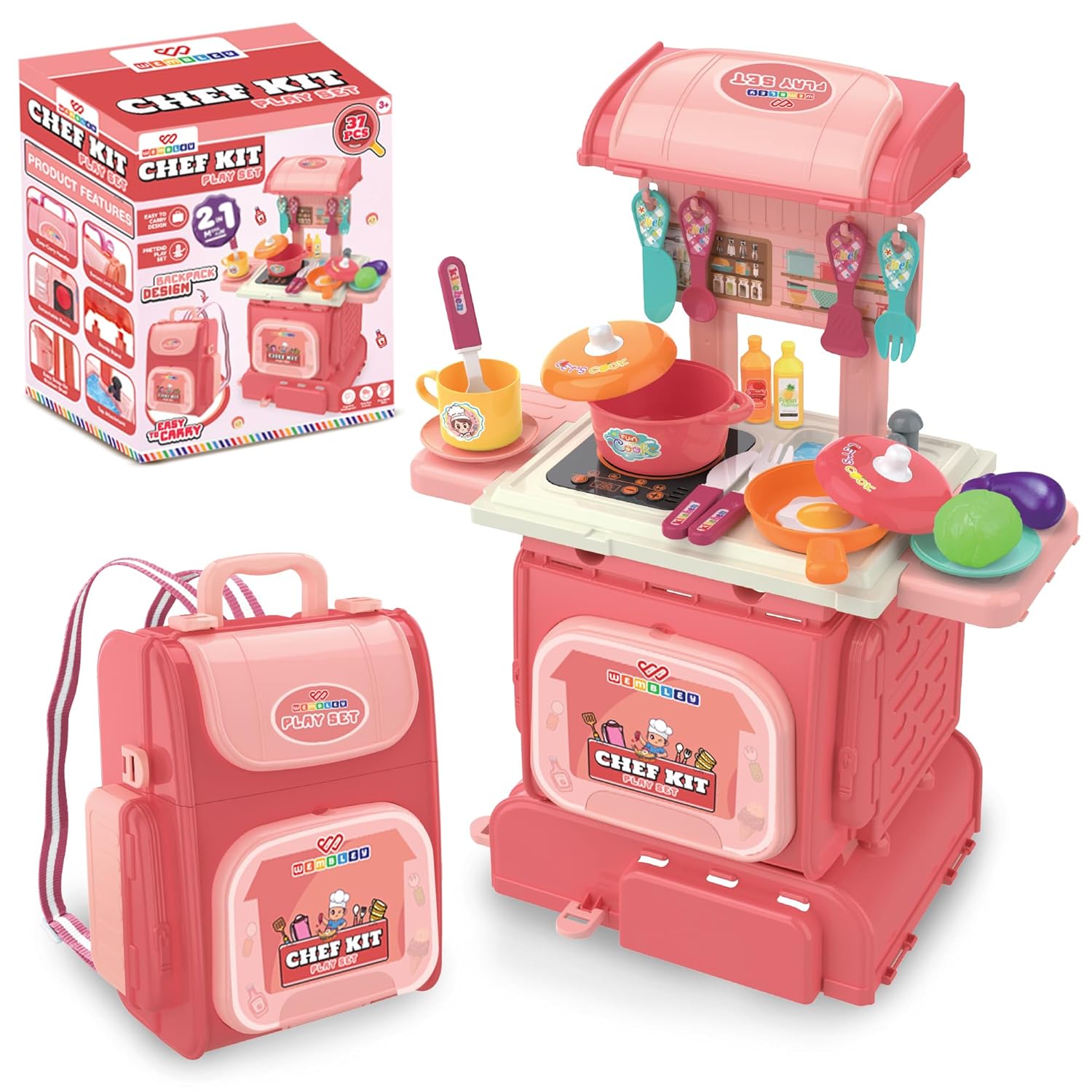 Wembley 2-in-1 Kids Kitchen Set | Cooking Pretend Play Toy with 37 Pieces | Portable School Bag Style Kitchen Playset for Girls & Boys Age 2–7 | Role Play Cooking Game | Birthday Gift for Kids