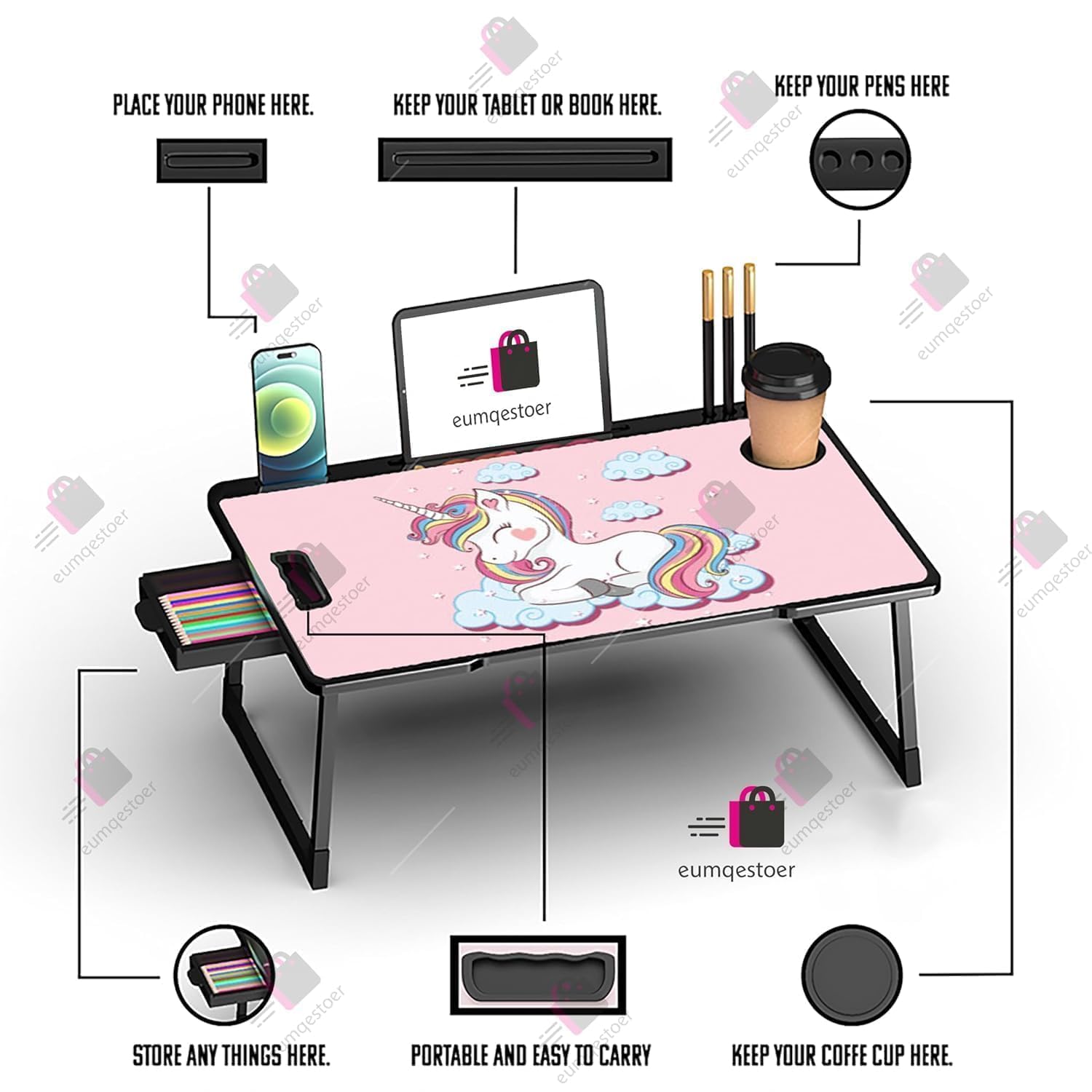 Smart Multipurpose Foldable Laptop Table with Cup Holder, Study Table, Bed Table, Breakfast Table, Foldable and Portable - Image 3