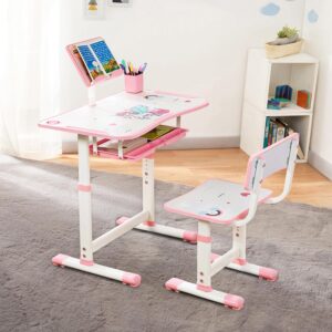 Jam & Honey Kids Functional Desk and Chair Set,Height Adjustable Children School Study Table with Book Holder Slot