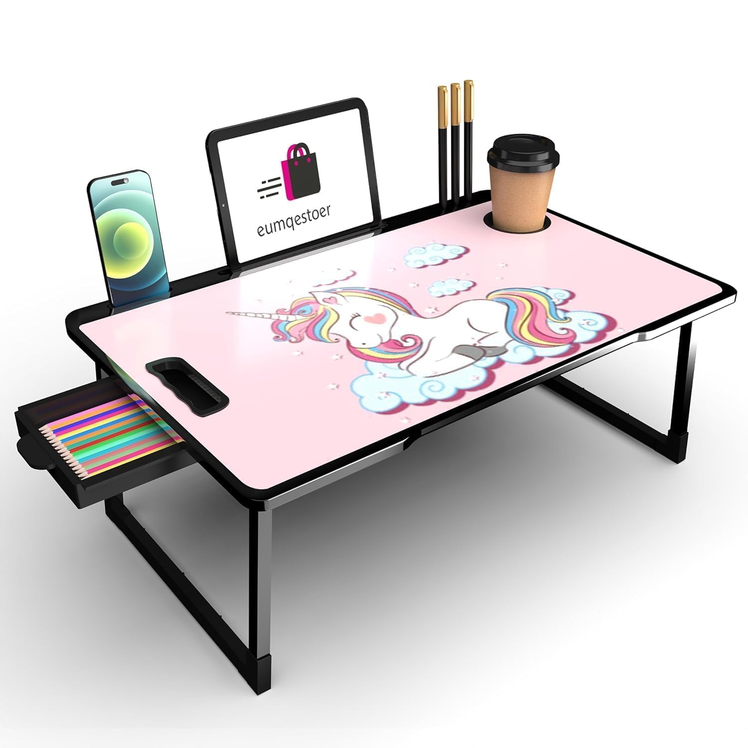Smart Multipurpose Foldable Laptop Table with Cup Holder, Study Table, Bed Table, Breakfast Table, Foldable and Portable